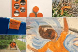 Grid with 5 images. Clockwise, from top-left corner: Orange book with holes five holes through it, with 3 circles next to it in a triangle orientation; maple seed on grass; painting of girl in orange shirt with blue waves around her; orange construction sign; orange notice on a blue bin.