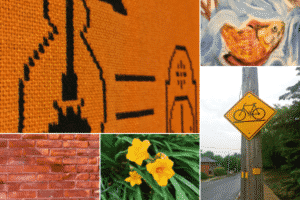 Grid with 5 images. Clockwise, from top-left corner: orange and black embroidery of a lamp and clock; painting of a gold fish in water; bicycle lane street sign on hydro pole; orange flowers; brick wall