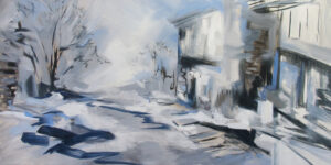 An abstract painting of a street with buildings in a cold tone with strong shadows and brush strokes.