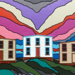 Bronson Smith, Red Sky With Three Houses, 2019, acrylic on routered plywood with balsa strips, 24