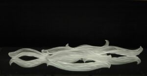 glass sculpture in 5 pieces fused together to look like waves photographed on a black background