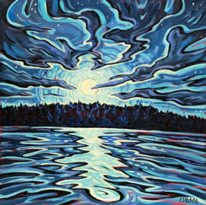 A stylized painting of a full moon casting a reflection on a blue lake with a pine forest in the background.