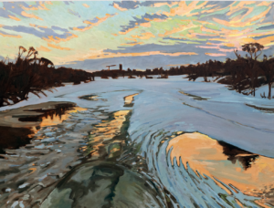 A stylized painting of a frozen river with a soft yellow, blue and purple sky reflecting, trees line the rivers edge.