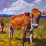 Katie Irwin, Cows in a Yellow Flower Field, 2020, acrylic on canvas, 18