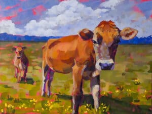 painting of two young cows in a green field with yellow flowers. Pops of bright pink come through across the painting surface