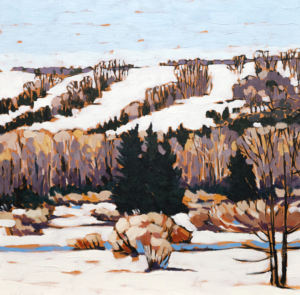 A painting of soft blue and white winter sky with yellow, green and brown stylized forest bands intersecting a snow covered field