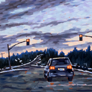 Stylized painting of a car with red tail lights at a set of traffic lights that are red. A dark forest lines the road into the distance.