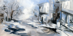 painting of an abstracted streetscape in blues, whites, greys and blacks