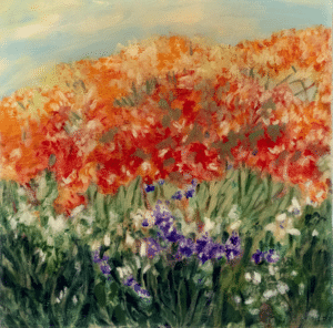 painting of orange and purple flowers with green foliage below