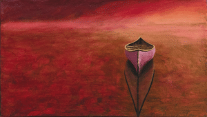 painting of a canoe and reflection on still water in reds, pinks and orange