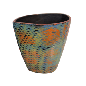 Small ceramic vase with small oval pattern in dark blue on a background of orange circles, and green and teal glazes