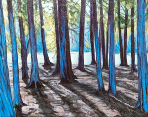 Painting of a sun dappled understory of a forest with sparse greens.