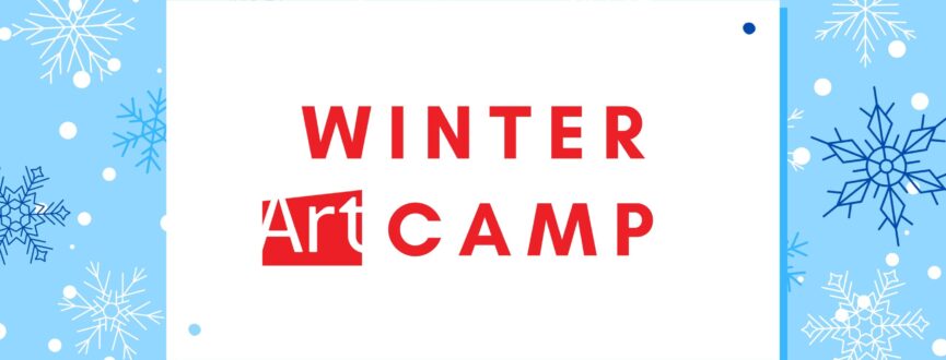 Text reads: Winter Camp, with the AGP logo in red on a white rectangle. Background is a light blue, with white and blue snow flakes.