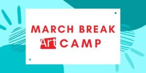 Red text that reads: March Break Camp, with the AGP logo in red on a white rectangle. Background is a light teal, with round shapes and line in different shades of teal