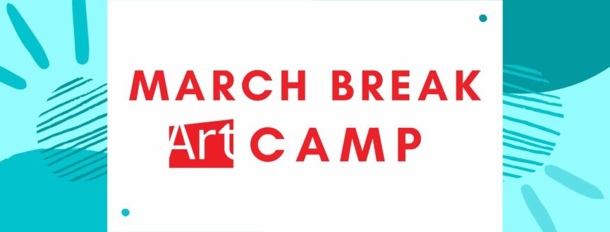 Red text that reads: March Break Camp, with the AGP logo in red on a white rectangle. Background is a light teal, with round shapes and line in different shades of teal