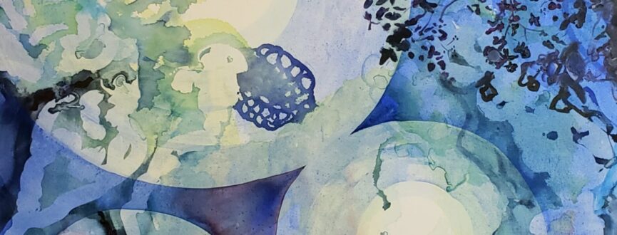 watercolour painting of soft yellow circles with halos. Background of blue and purple washes with silhouettes of brambles on top.