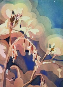watercolour painting of flowers surrounding by halos of warm light and washes of yellow with a blue/green background