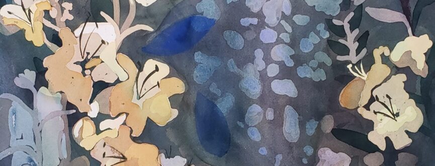 A watercolour painting of yellow flowers with irregular purple shapes. Green and blue washes transition to dark blue background at the bottom.