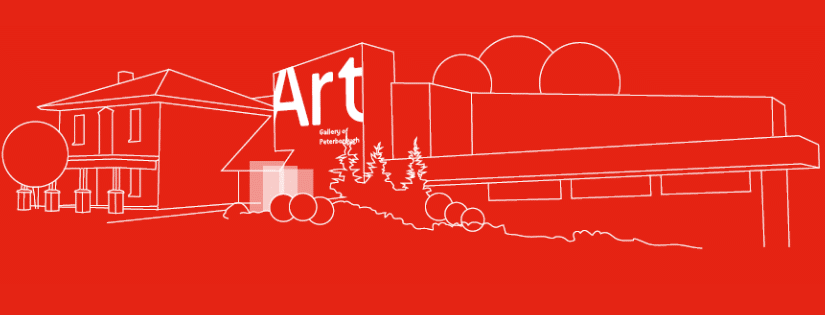 graphic line drawing of the exterior of the Art Gallery of Peterborough in white on a red background