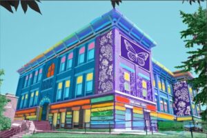 corner façade of King George Public School rendered in bright rainbow colours