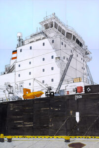 large painting composed of 9 panels bolted together depicting the side of a large ship from the perspective of a person standing on a dock
