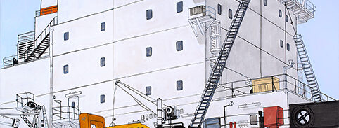 large painting composed of 9 panels bolted together depicting the side of a large ship from the perspective of a person standing on a dock