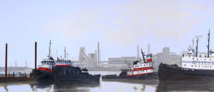painting of four steam ships in the Hamilton Harbour. Industrial factories are visible along the horizon line in the hazy background of the painting