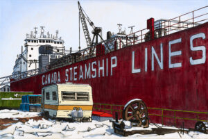 painting of the side of a ship at the Port Weller Drydock. A trailer and snow appear on the dock in the foreground