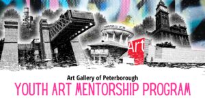graffiti of local landmarks in Peterborough with pink text on white background that says: Art Gallery of Peterborough Youth Art Mentorship Program
