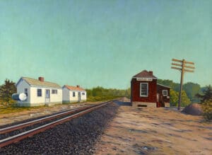 painting of railway tracks and small buildings alongside with a clear blue sky in summer