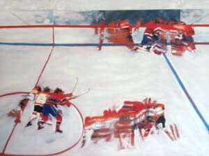 painting of people playing hockey in motion by John Climenhage
