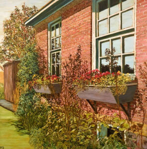 oil painting of window boxes overflowing with red flowers on the side of a brick house