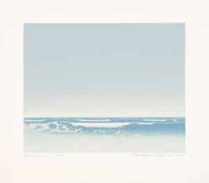 silkscreen print of a seascape in shades of blue with a clear pale sky