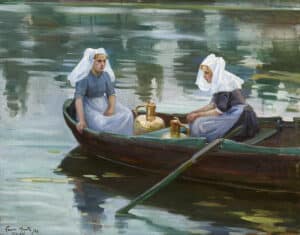 Painting of two nuns sitting in a boat on still water, each wearing a white habit and plain casual dresses. Between them on the floor of the boat are two casks with handles