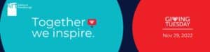 white text on blue circle that says: together we inspire with the art gallery of peterborough and giving tuesday logos. On the right in a red circle, white text says: Giving Tuesday Nov 29 2022
