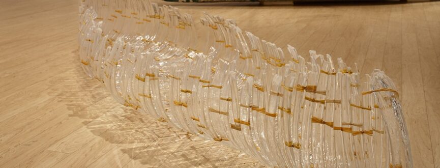 a canoe made from strips of clear hot formed glass in vertical curved strips that are held to each other with pieces of brown sinew/cording to give the effect of a skeletal canoe