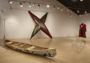 installation view of setting afloat on a river in spate
