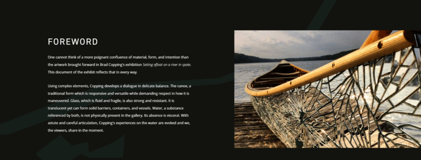 screenshot of Brad Copping's digital publication with a dark background and white text of the Foreward on the left. There is a photo of a mirror mosaic canoe sitting on a dock on the right