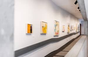 abstract paintings by Carol Forbes hang on the wall of an exhibition space that is shaped like a walkway