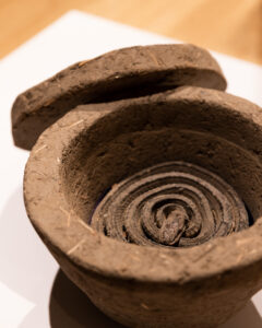 A vessel with a lid resting on it's lip is composed of earth and organic material and sits on a plinth. Inside is a dried snake coiled around the bottom of the vessel with its head poking out from the center of the coil.