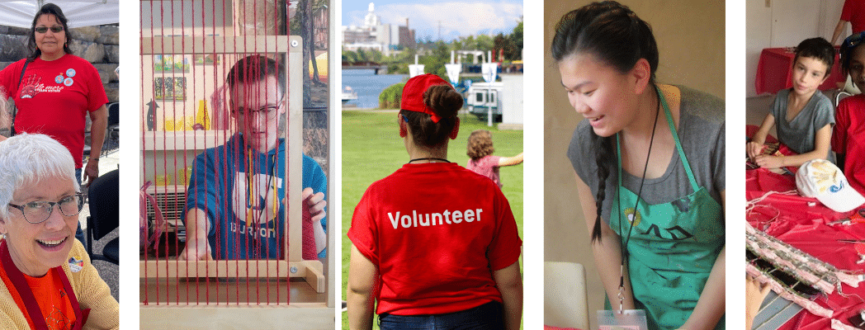 Banner featuring 5 images of volunteers performing various tasks at the gallery