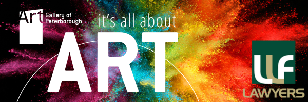 It's All About ART graphic logo with rainbow colour burst image behind. Art Gallery of Peterborough logo at upper left corner and LLF Lawyers logo at far right