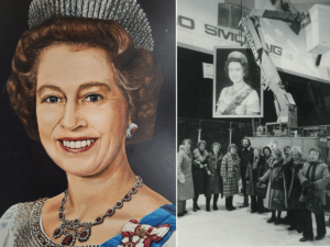 side by side image of the painted portrait of Her Majesty Queen Elizabeth II with an image on the right of the same painting being installed at a hockey arena from the 80s
