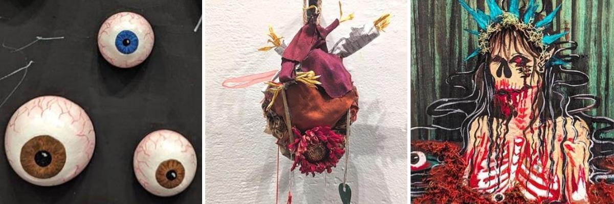 Three artworks. From left to right: 3D plaster eyeballs on a black background; an anatomical heart made from found objects; a painted portrait of a woman with her ribs and skull exposed, surrounded by red blood, eyeballs and green foliage.