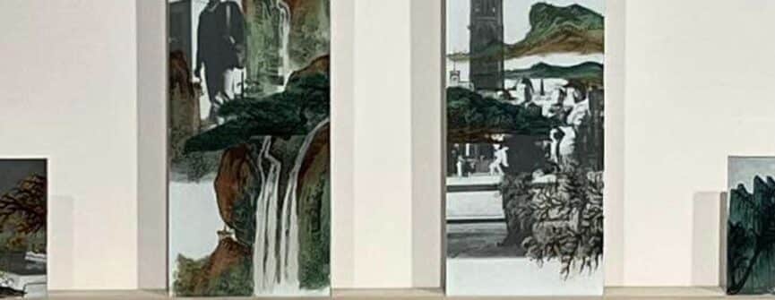 Don Kwan, Reflections in the Landscape (detail), 2022, mixed media, glass lantern panels, sourced family photos, wood, 84