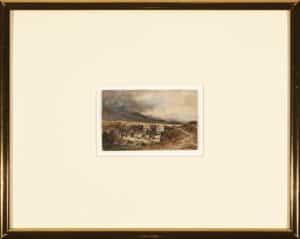 landscape painting in a gold frame with a large off-white mat board surrounding it