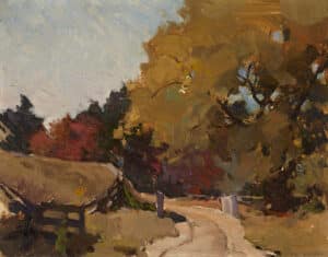 painting of a curved road bordered by a wooden fence and surrounded by trees in fall colours
