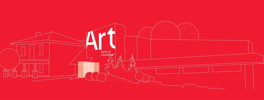 decorative line drawing of the Art Gallery of Peterborough's facade in white on a red background