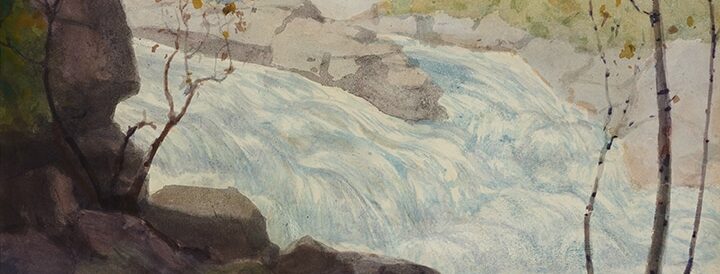 Watercolour painting of a waterfall surrounded by a rocky shore by George Reid.