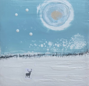 A painted winter scene. A white textured snow-covered ground, with a small silhouette of a deer with antlers standing under a blue sky with white dots and a white sun with circular rays. The horizon line has black vertical lines, as a fence or treeline.